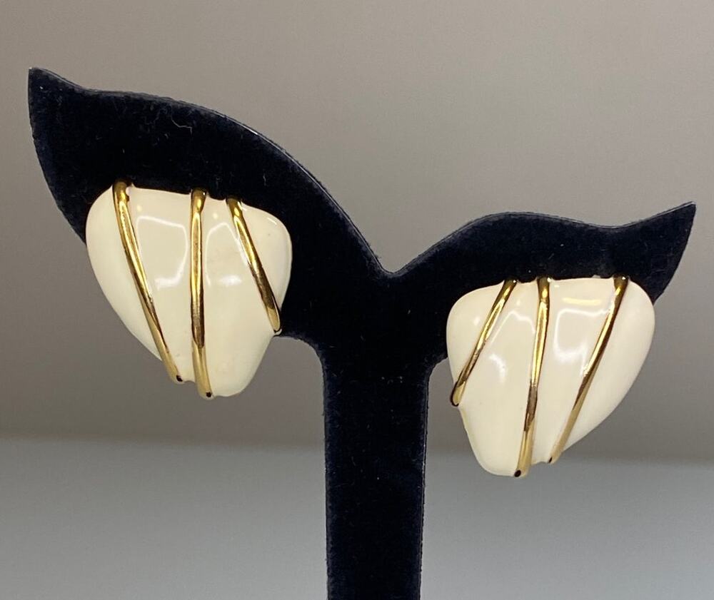 Monet© Clip On MCM Earrings Gold Tone White Enamel Triangle Art Deco 60s 70s